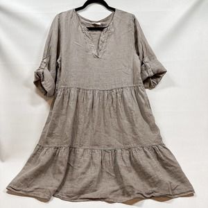Bellambra Taupe Tiered Linen Dress M Made in Italy Roll Tab Sleeve Split V Neck